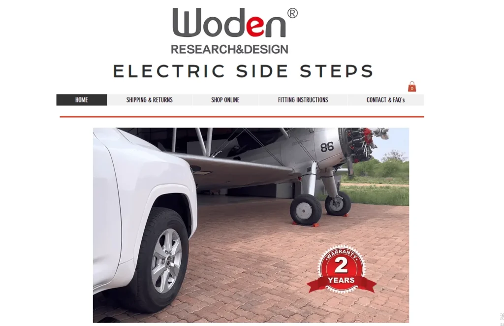 WODEN electric side steps manufacturers in South Africa featuring a white truck and an airplane in the background.