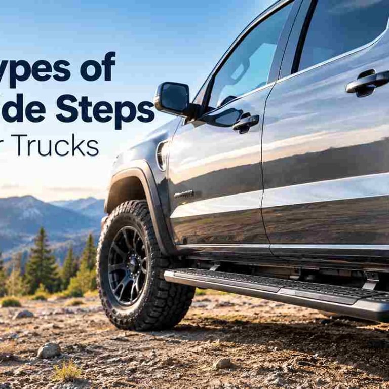 Infographic graphic showing a grey pickup truck parked on a rocky mountain trail with large text reading '8 Types of Side Steps for Trucks