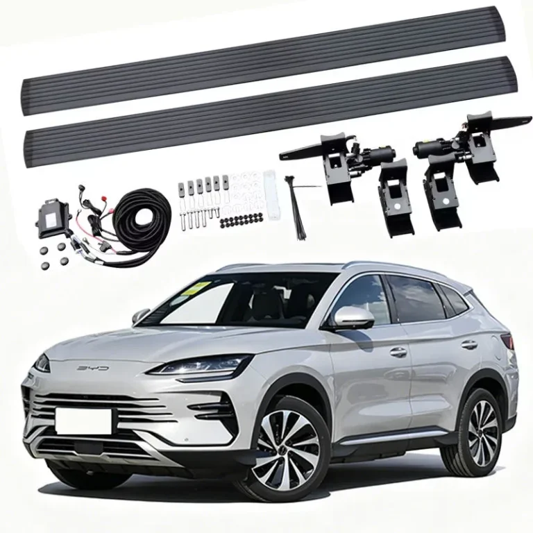Complete hardware kit for BYD Song Plus Dmi Electric Side Steps, including two running boards, dual motors, mounting brackets, wiring harness, and hardware, displayed above a silver BYD Song Plus SUV.
