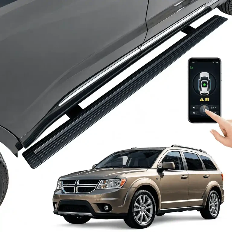 Dodge Journey Power Running Boards in the deployed position with a smartphone app interface showing vehicle control, displayed alongside a gold Dodge Journey SUV.