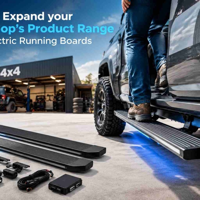 Expand 4x4 Shop Product Range with Electric Running Boards banner. Features a person stepping on a truck's electric side step with LED lighting, alongside the complete installation kit and a 4x4 workshop in the background.