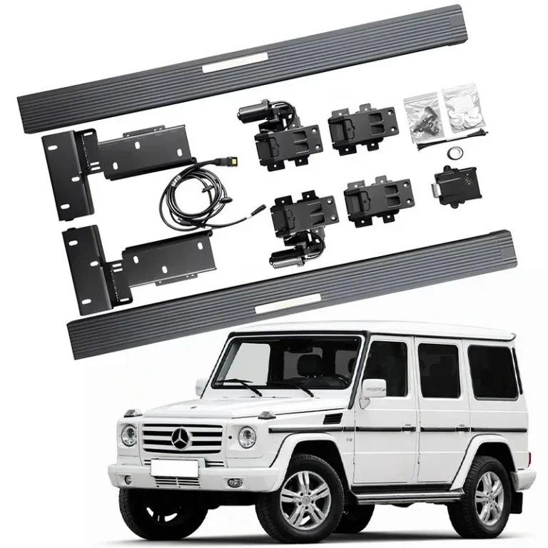 Complete installation kit for Mercedes-Benz G550 Electric Running Boards, including two side steps, motors, mounting brackets, and wiring harness, displayed above a white G-Class SUV.