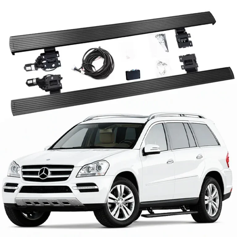 Complete installation kit for Mercedes-Benz GL Electric Running Boards, including two side steps, motors, mounting brackets, and wiring harness, displayed above a white GL SUV.