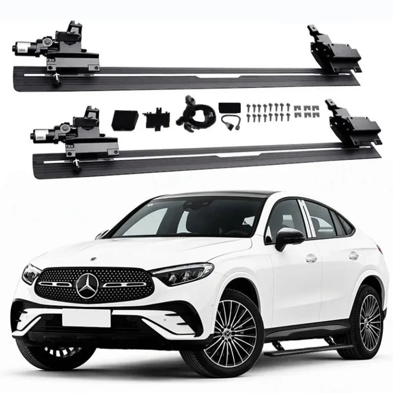 Complete installation kit for Mercedes-Benz GLC electric running boards, including motors, brackets, and hardware, displayed above a white GLC Coupe.