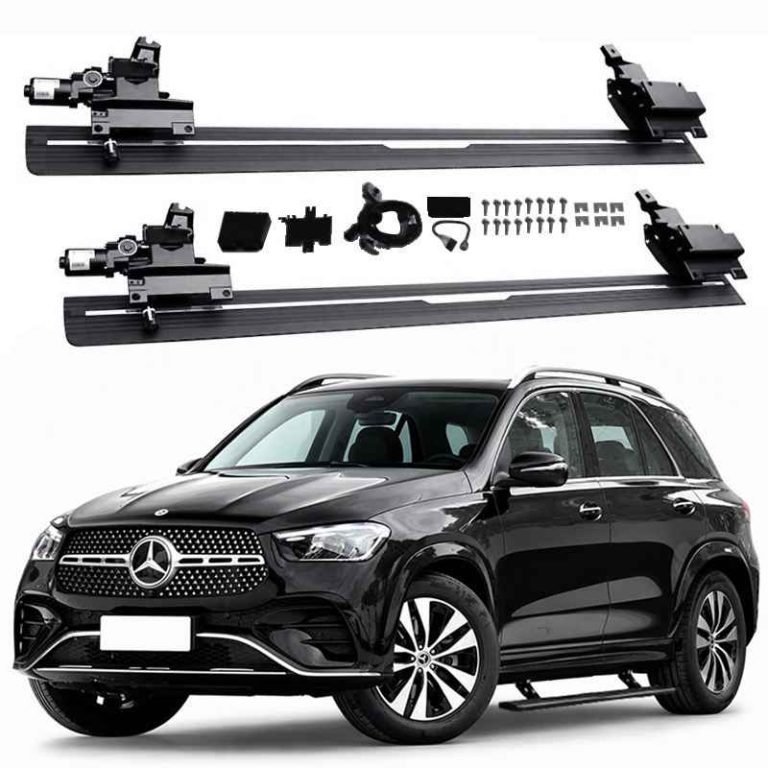 Complete installation kit for Mercedes-Benz GLE Electric Running Boards including motors, mounting brackets, and wiring, displayed above a black GLE SUV.