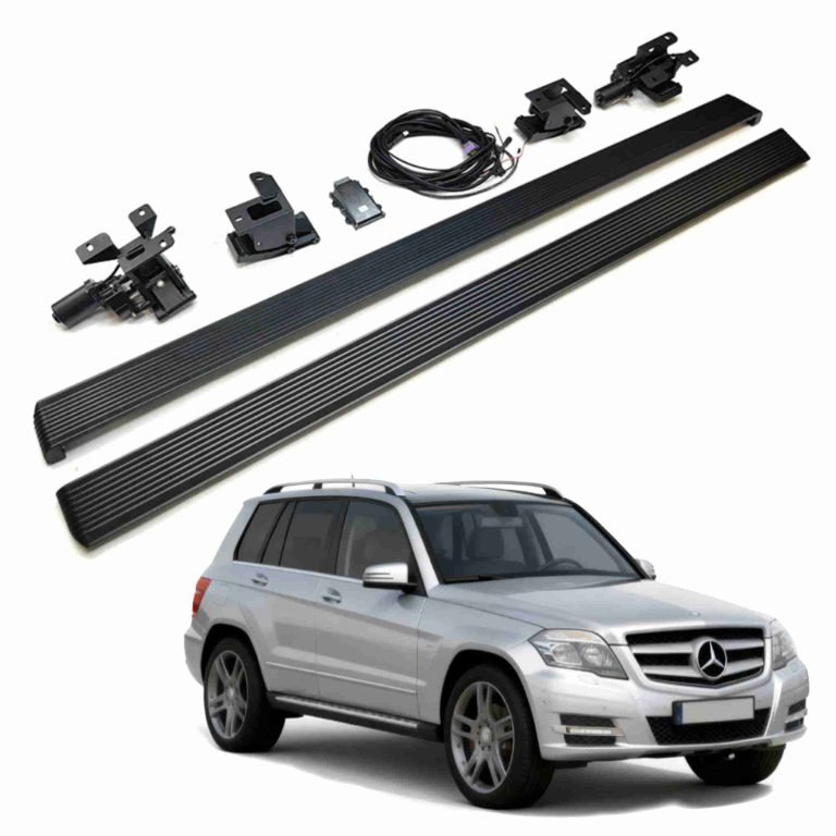 Complete installation kit for Mercedes-Benz GLK Electric Running Boards, including side steps, motors, mounting brackets, and wiring harness, displayed above a silver GLK SUV.