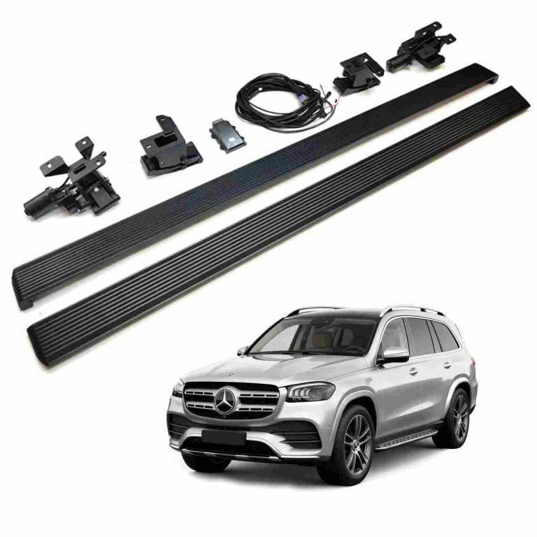 Complete kit of black Mercedes-Benz GLS electric running boards, including two side steps, mounting brackets, motors, and wiring harness, displayed with a silver GLS.