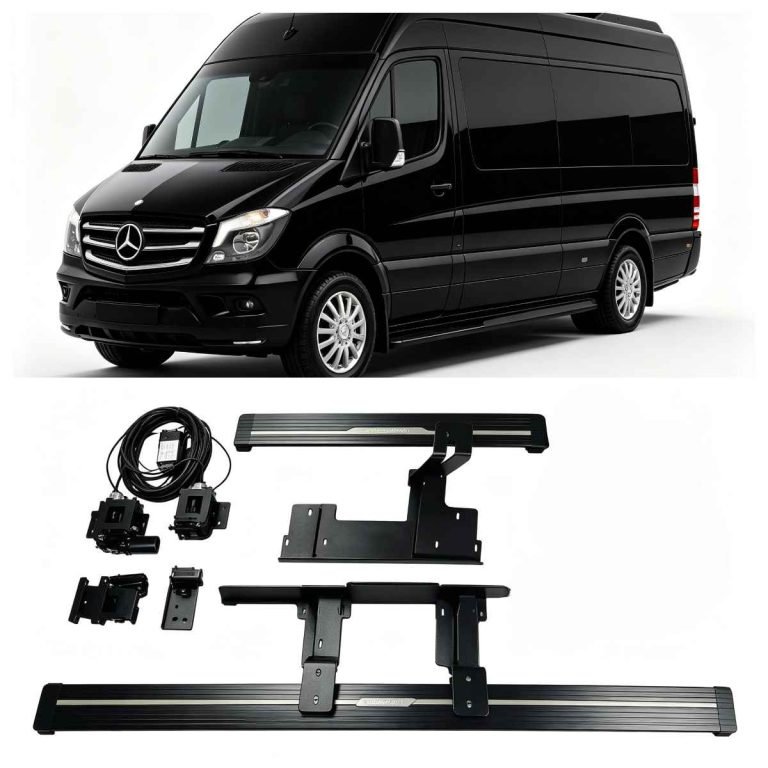 Complete installation kit for Mercedes-Benz Sprinter Electric Running Boards, including two side steps, mounting brackets, motors, and wiring harness, displayed below a black Sprinter van.