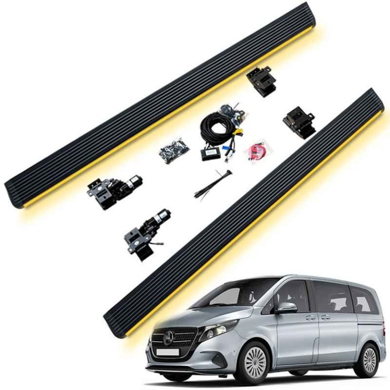 Complete installation kit for Mercedes-Benz V-Class Electric Running Boards, including two black side steps with yellow LED strips, motors, wiring, and hardware, displayed above a silver V-Class van.