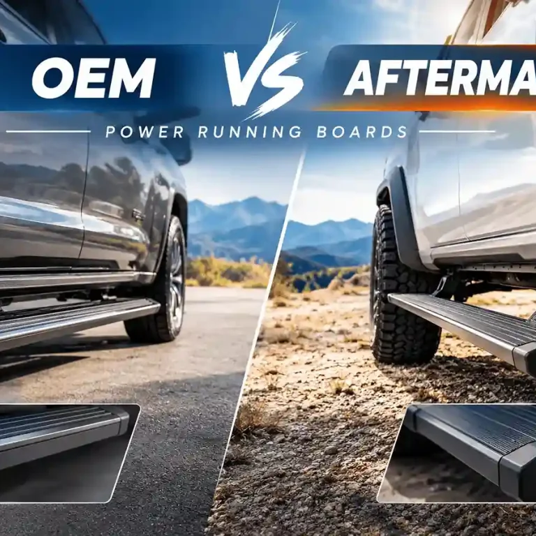 Comparison of OEM vs Aftermarket Power Running Boards, showing deployed side steps on trucks in both on-road and off-road environments.