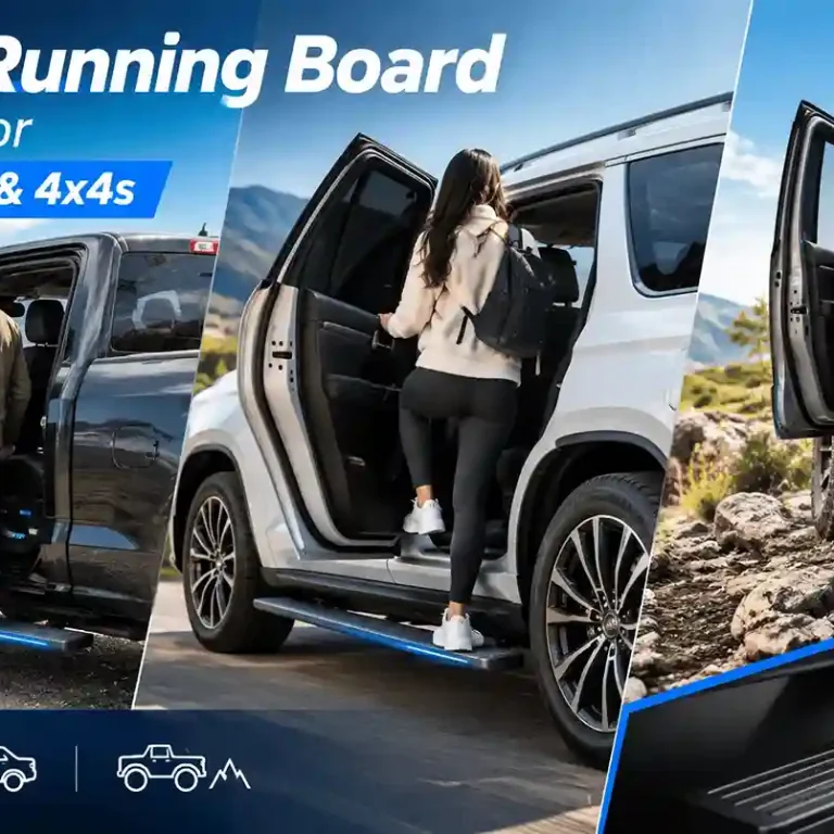 Collage showing Power Running Board Use Cases for Trucks, SUVs, and 4x4s, featuring three people stepping into lifted vehicles with illuminated side steps.