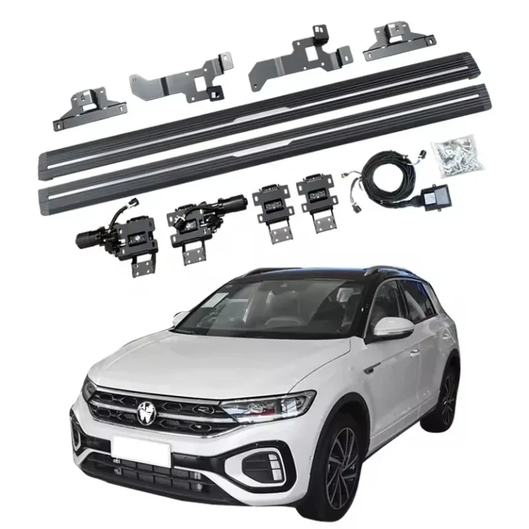 A complete T-Roc electric side steps kit featuring black running boards, motorized hinges, aluminum brackets, wiring harness, control module, and mounting hardware, displayed above a white Volkswagen T-Roc SUV.