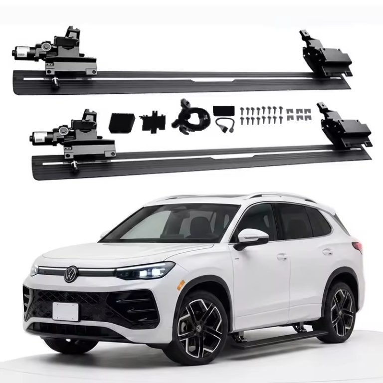 A complete Tiguan electric side steps kit featuring motorized tracks, brackets, motors, and hardware displayed above a white Volkswagen Tiguan SUV.
