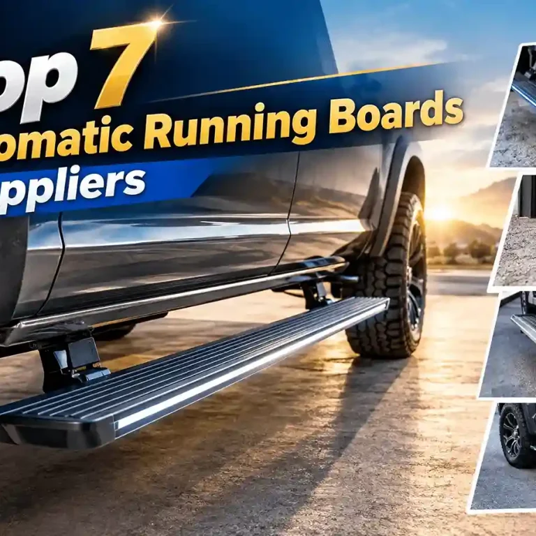 Infographic featuring the Top 7 Automatic Running Boards Suppliers, showing a close-up of a deployed electric side step on a black pickup truck with smaller inset images of different running board styles.