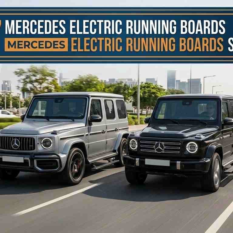 Top 7 Mercedes Electric Running Boards suppliers showcasing two Mercedes-Benz G-Class SUVs (silver and black) driving on a city road.