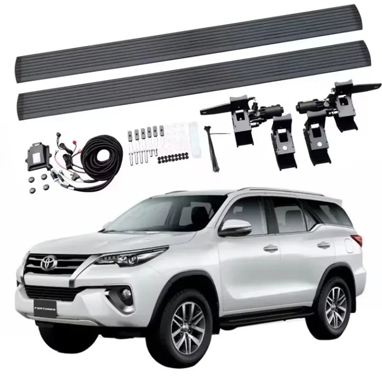 Complete Toyota Fortuner Power Running Boards kit featuring a pair of black running boards, motors, mounting brackets, wiring harness, and installation hardware.