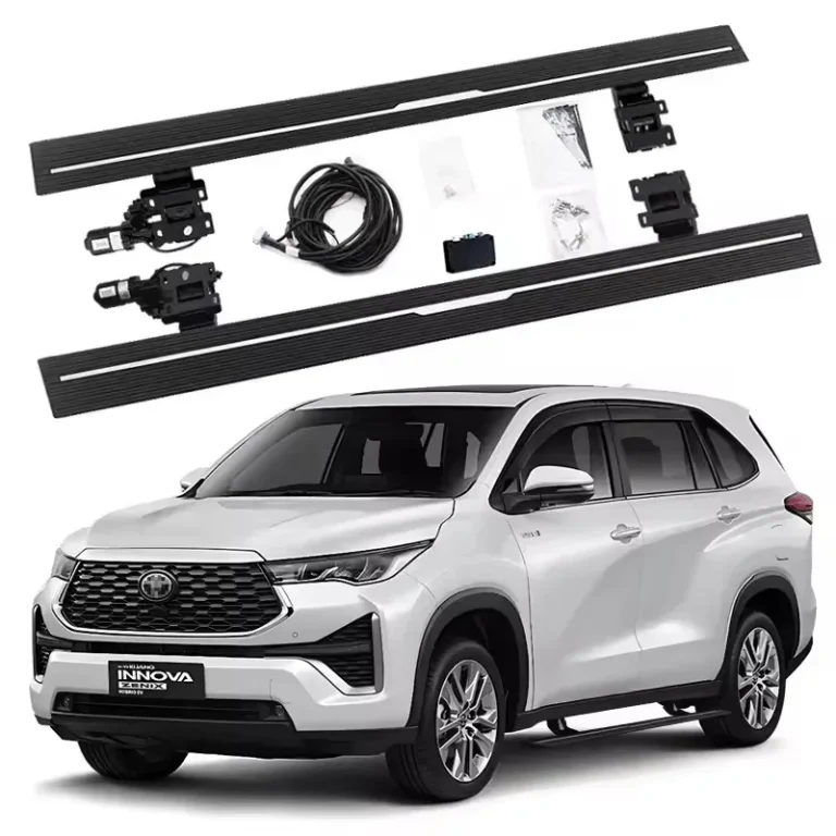 Complete Toyota INNOVA Power Running Boards kit displayed above a white Toyota Innova, including a pair of black running boards, motors, mounting brackets, wiring harness, control module, and hardware.