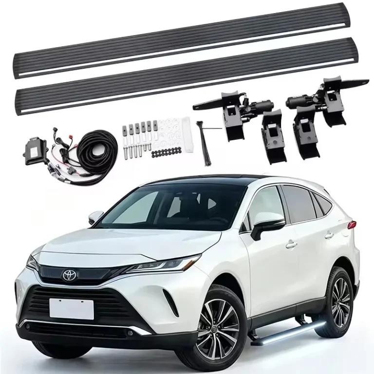 Toyota Venza Power Running Boards complete kit with two side steps, dual motors, mounting brackets, wiring harness, control module, and hardware shown above a white Toyota Venza.