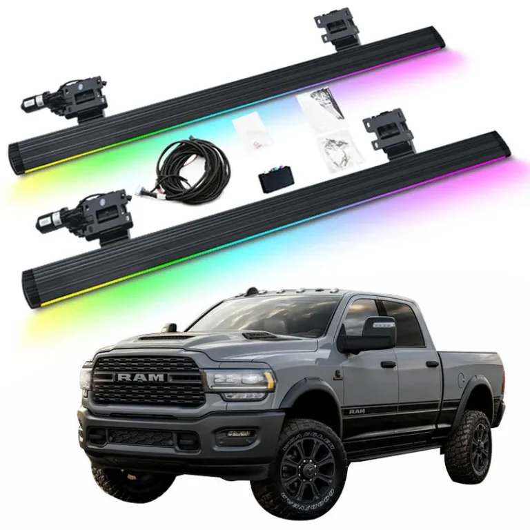 Are powered running boards worth it? This image shows a complete RGB LED electric running board kit with motors and wiring harness installed on a grey RAM pickup truck.