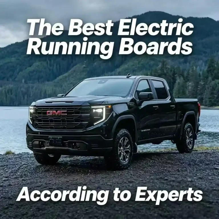 Black GMC pickup truck with overlay text naming the best electric running boards according to experts.