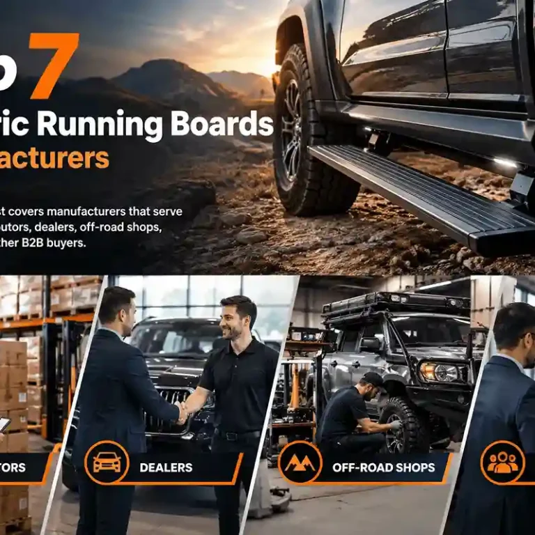 Top 7 Electric Running Boards Manufacturers for B2B buyers. Image shows a black truck with an electric side step and icons representing distributors, dealers, and off-road shops.