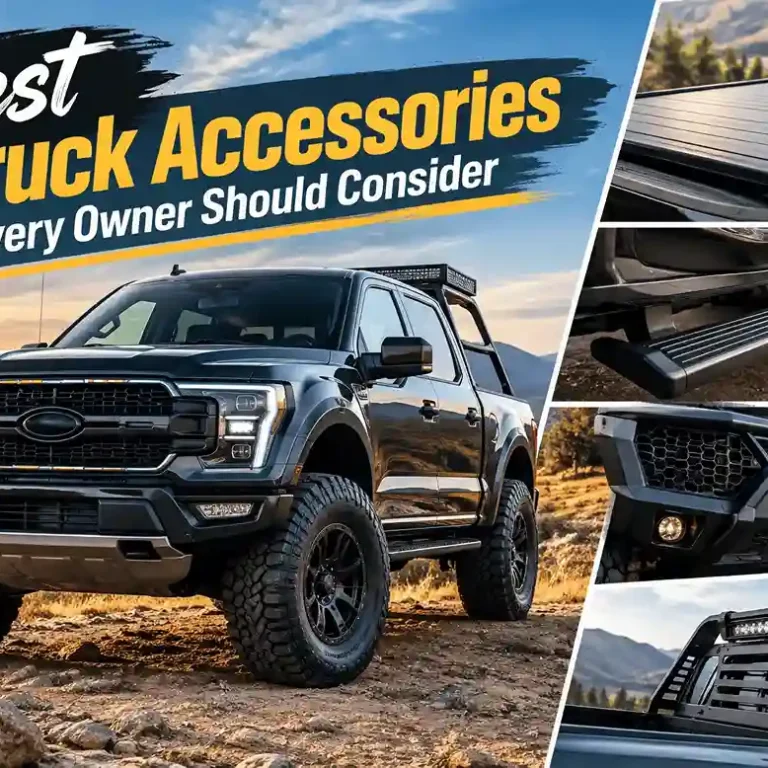 Collage of top-rated truck upgrades including bed covers, side steps, and off-road bumpers, illustrating the best truck accessories for enhancing utility and style.