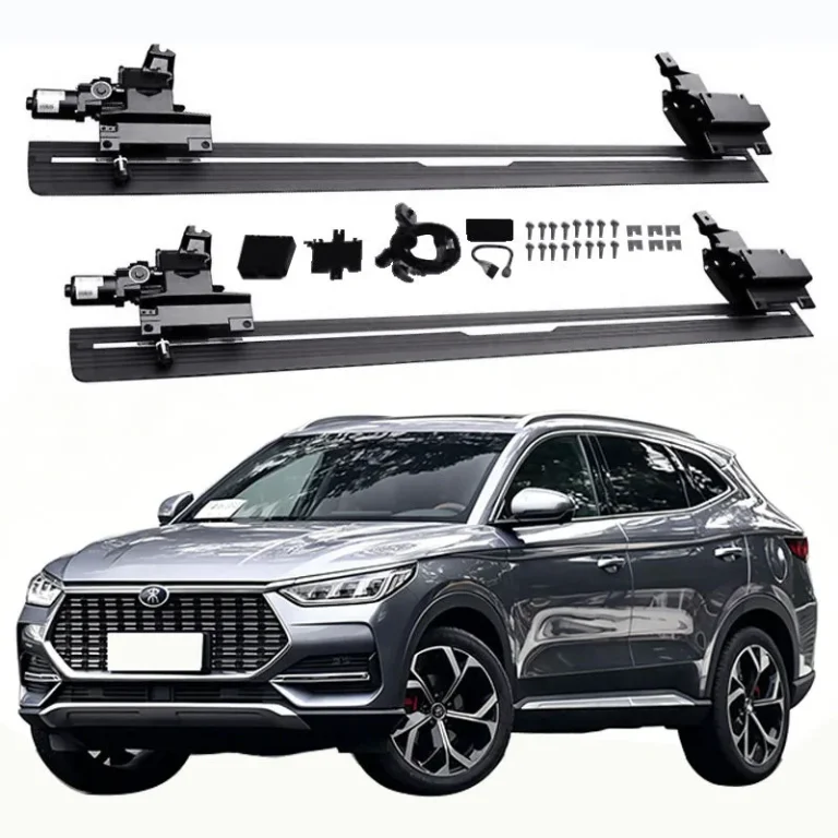 Complete hardware kit for BYD SEAL U DM-i Electric Side Steps, including two running boards, dual motors, mounting brackets, wiring harness, and hardware, displayed above a grey SUV.