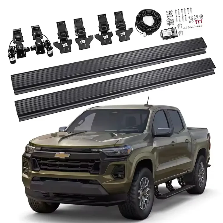 Complete electric running boards kit including steps, brackets, and wiring, displayed next to a green Chevy Colorado truck.