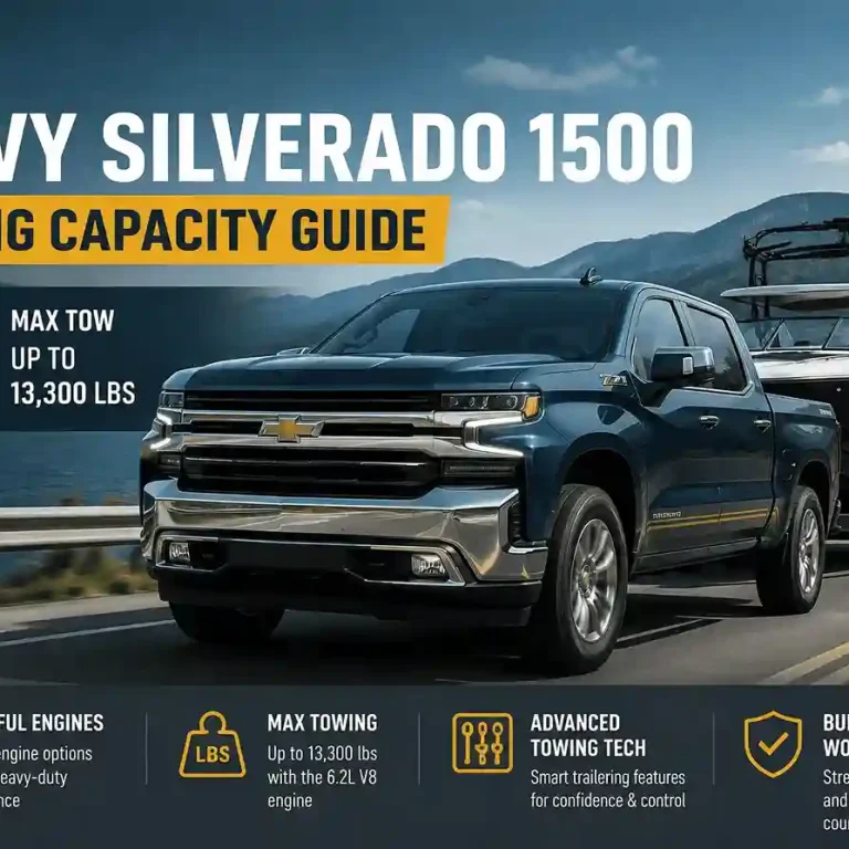 2026 Chevy Silverado 1500 towing capacity guide showing max tow up to 13,300 lbs with 6.2L V8 engine and smart trailering features.