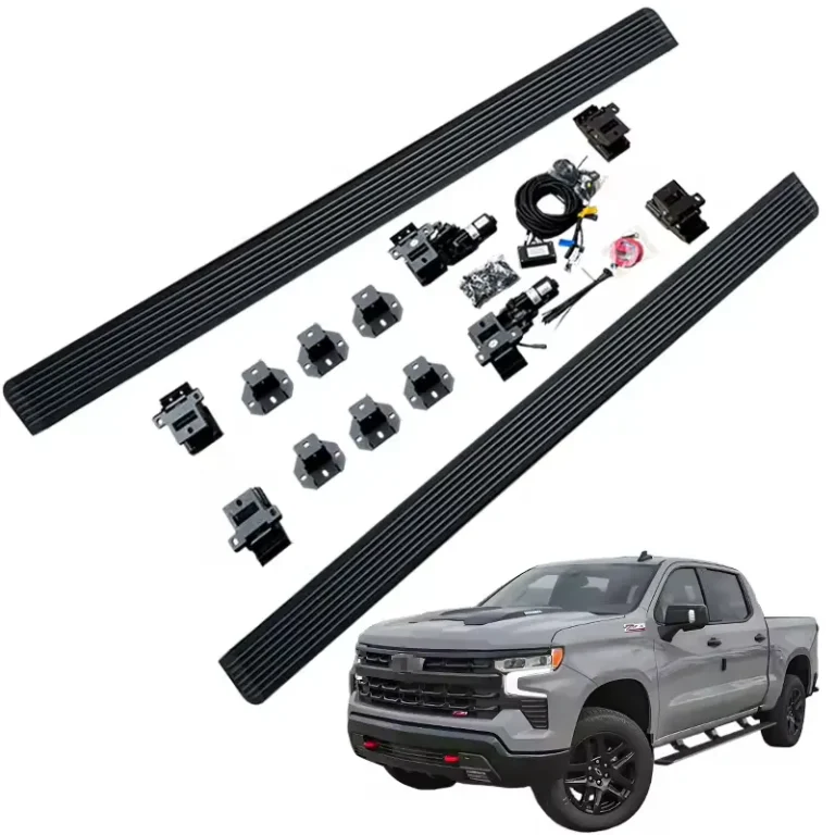 Complete kit of Chevy Silverado Power Running Boards with brackets, wiring harness, and a gray pickup truck.