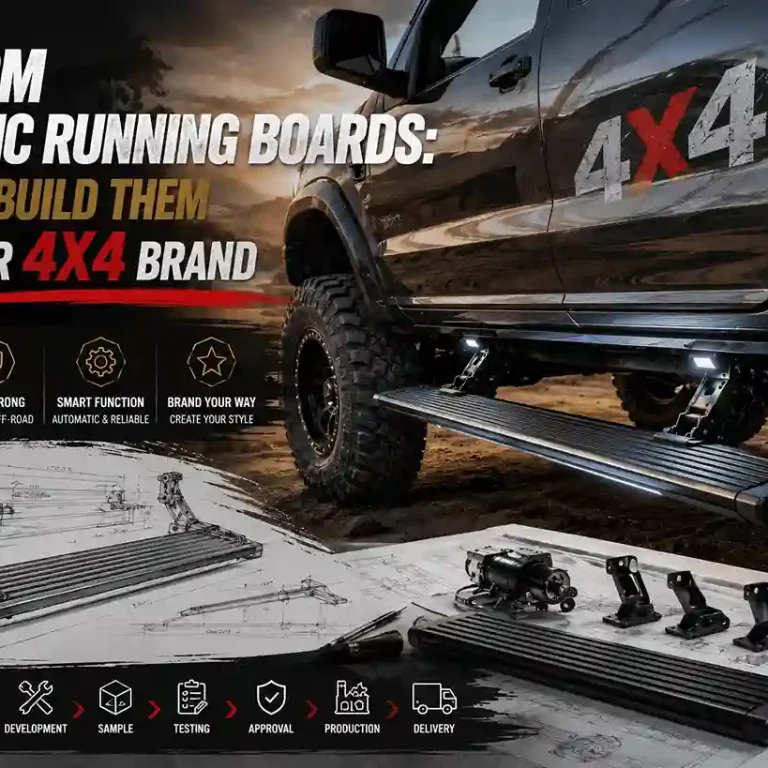 Custom electric running boards production process from design to delivery, featuring automatic operation, off-road durability, and personalized styling for 4x4 vehicles.
