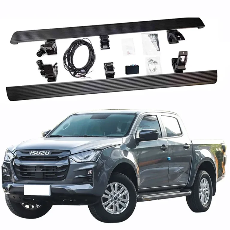 Complete D-MAX Power Running Boards kit with motors, brackets, wiring harness, and control module.