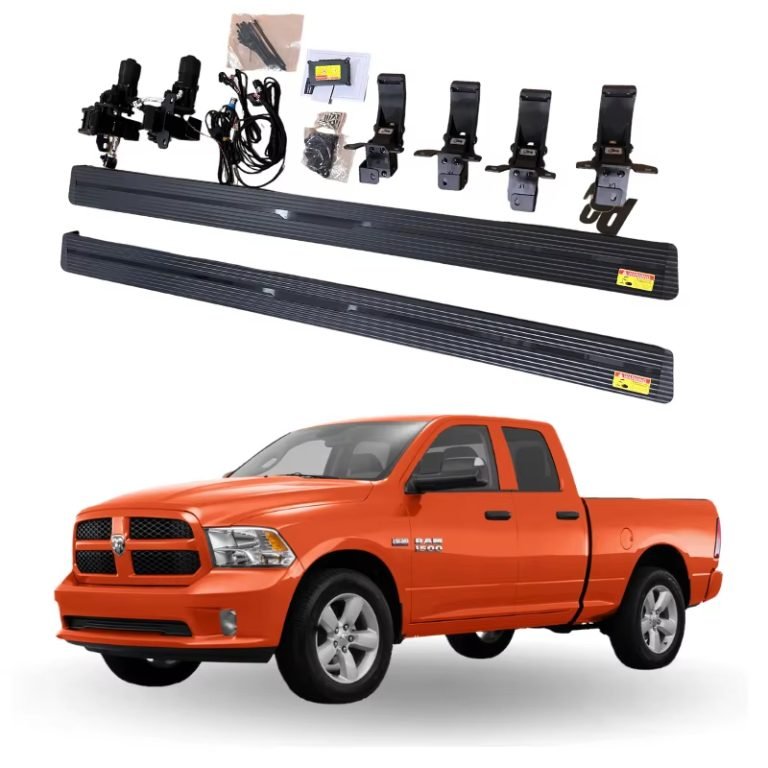 A complete set of retractable electric running boards ram 1500 accessories with brackets and motors shown above an orange pickup truck.