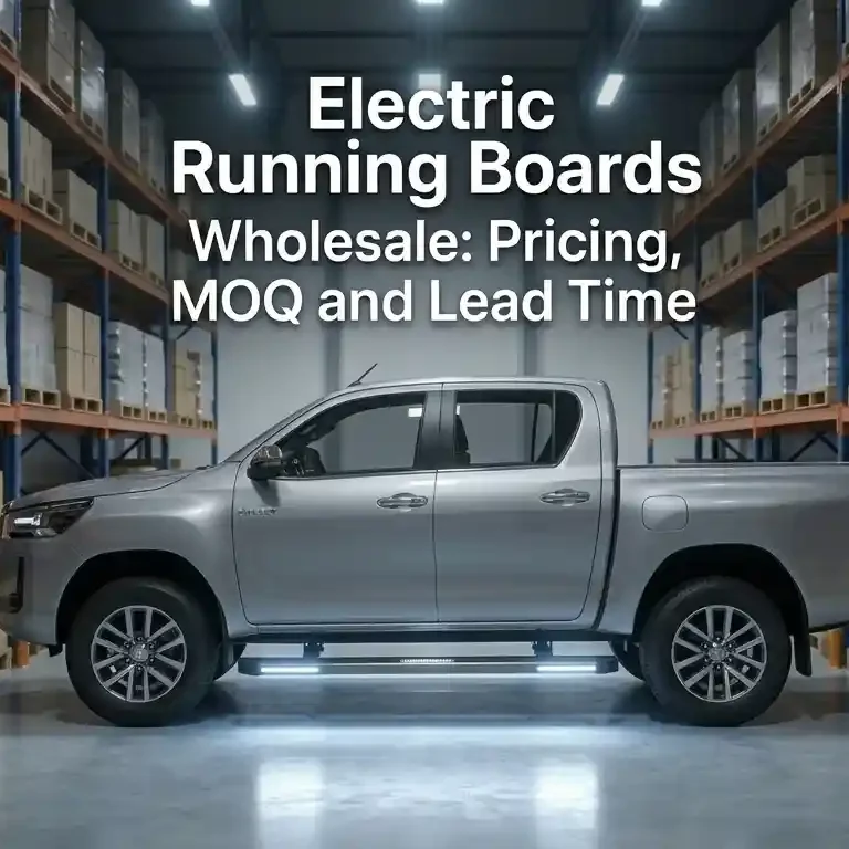 A silver pickup truck parked inside a warehouse with text overlay reading "Electric Running Boards Wholesale: Pricing, MOQ and Lead Time", illustrating the B2B supply chain.