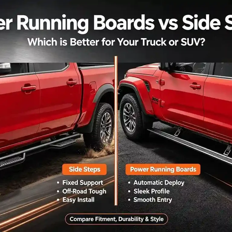 Side-by-side comparison of a red pickup truck showing fixed tubular side steps on the left versus automatic electric side steps (power running boards) on the right, detailing support and deployment features.
