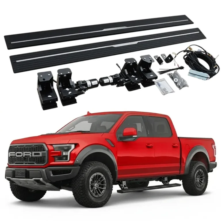 Complete electric accessory set and mounting brackets for f150 running boards displayed with a red pickup truck.