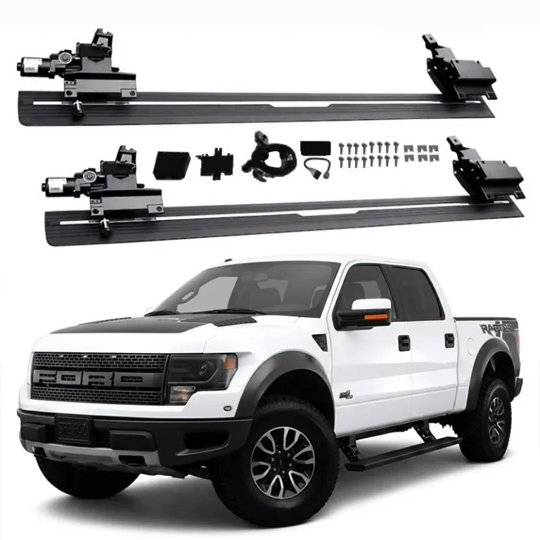 Complete electronic accessory set and mounting hardware for ford f150 running boards displayed with a white truck.