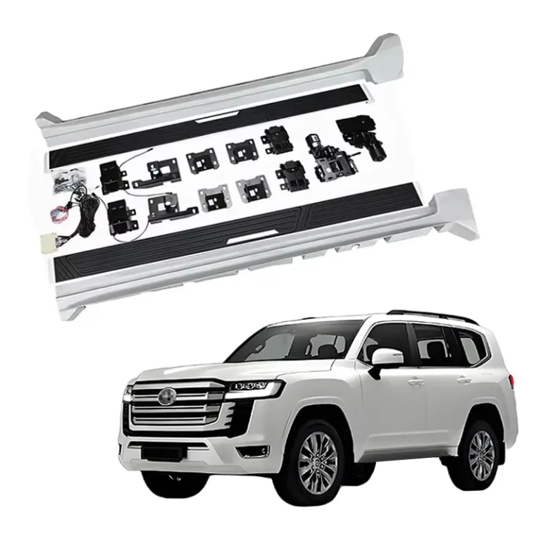 Complete power running boards installation kit with all hardware shown, suitable for a large SUV like a Toyota Land Cruiser.