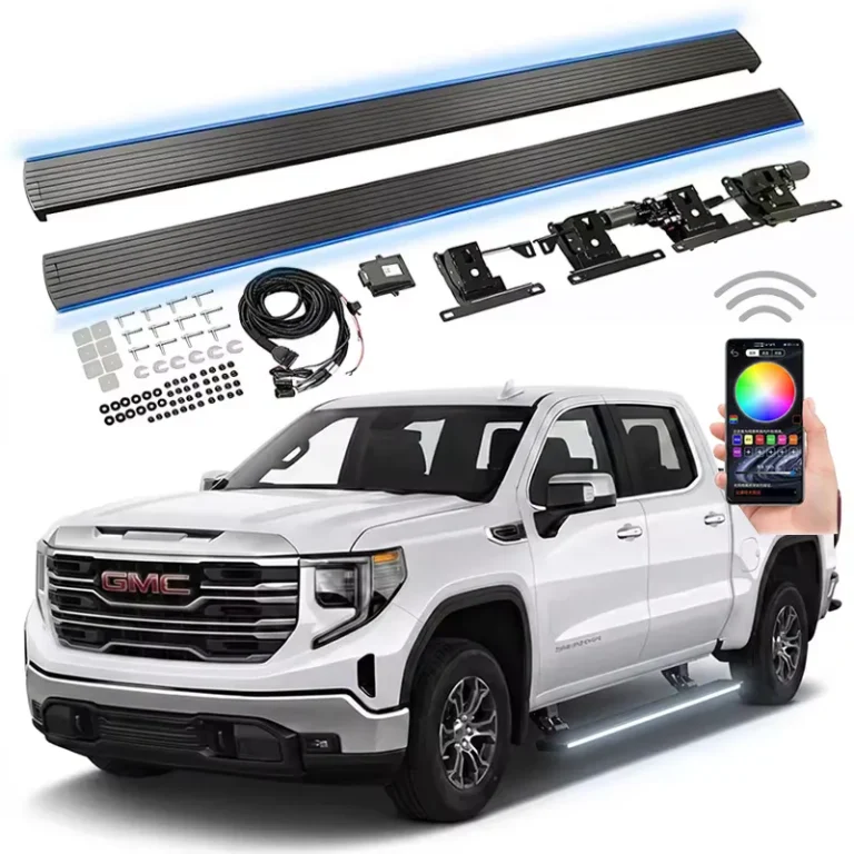 Complete electric running boards kit with LED lighting and smartphone control for gmc sierra 1500 truck.