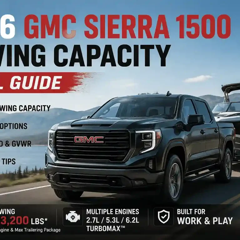 A black GMC Sierra 1500 towing a boat on a lakeside road, showcasing its impressive gmc sierra 1500 towing capacity.