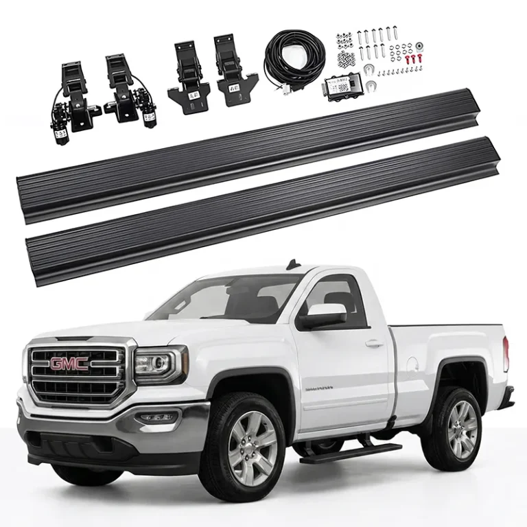 Complete electric side step kit and installation brackets for gmc sierra running boards displayed alongside a white pickup truck.