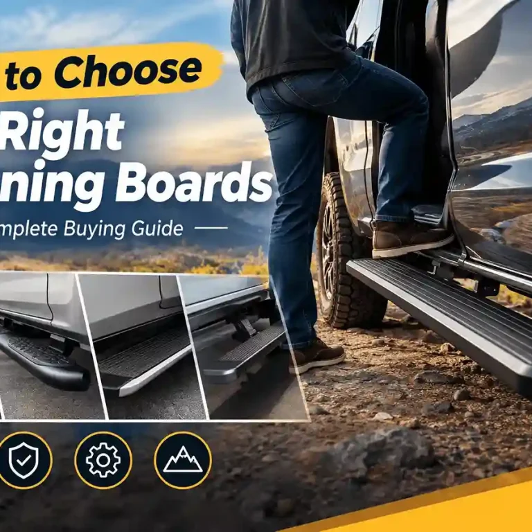 How to choose the right running boards buying guide. A man stepping on a truck running board to get into a pickup, with inset photos showing different running board styles and feature icons.
