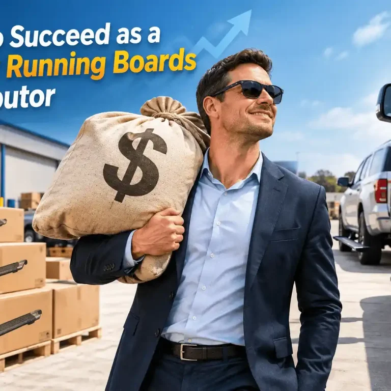 A businessman carrying a bag of money standing next to boxes of side steps and a pickup truck, illustrating how to succeed as a Power Running Boards Distributor.