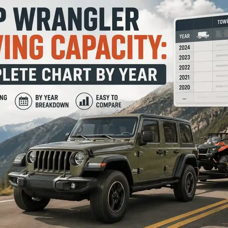 Green Jeep Wrangler towing an ATV on a mountain road, featured alongside a complete year-by-year data chart for jeep wrangler towing capacity.