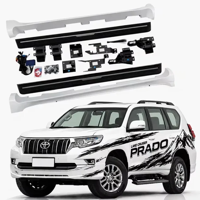 Land Cruiser 150 power running boards complete kit including side steps, motors, brackets, and white side skirts, shown with a Toyota Prado.