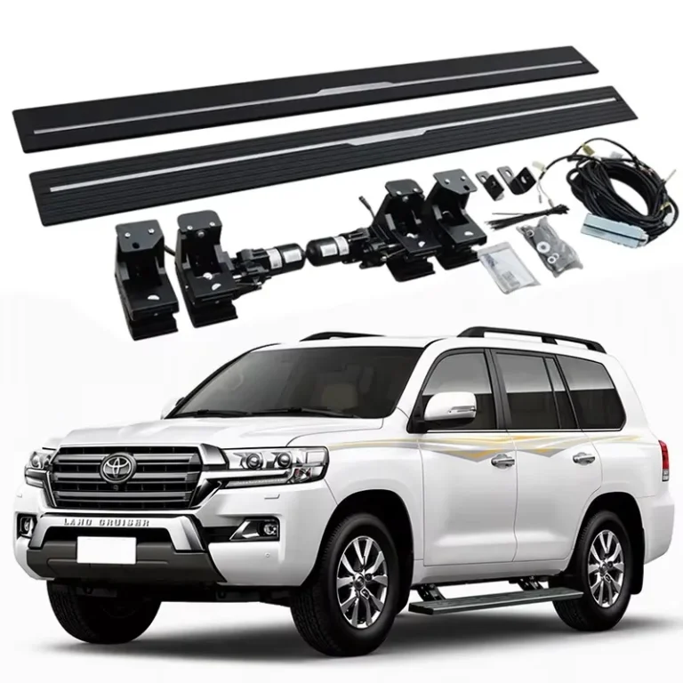 Land Cruiser 200 power running boards complete kit with dual motors, mounting brackets, wiring harness, and side steps.