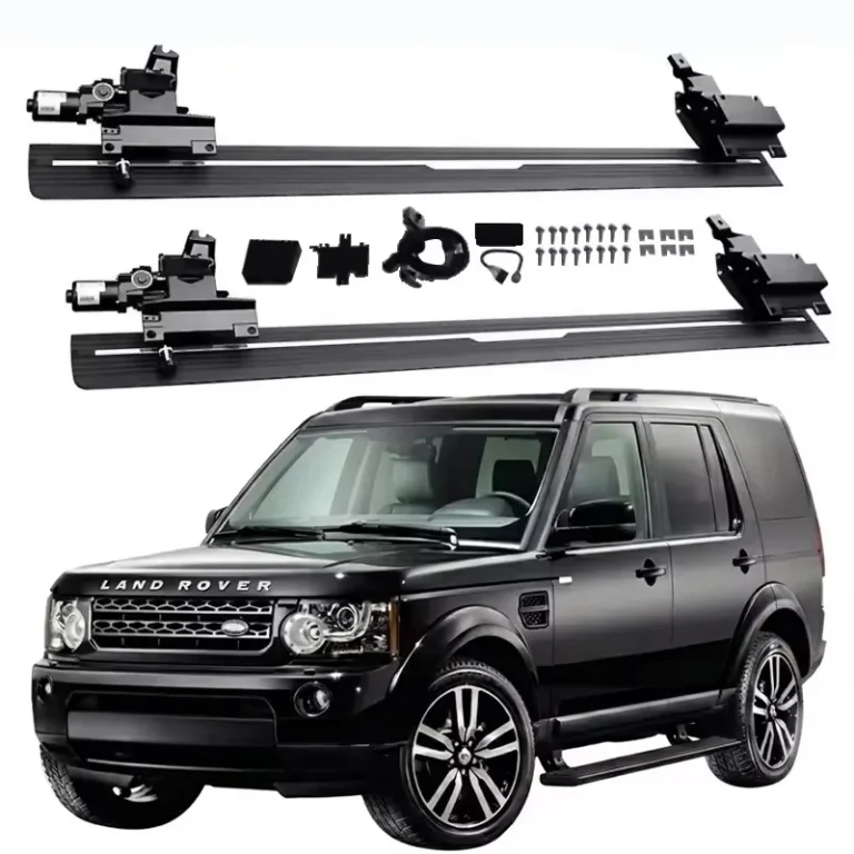 Complete Land Rover Discovery 4 Electric Side Steps kit featuring running boards, motors, mounting brackets, and wiring harness, displayed above a black Land Rover Discovery 4.
