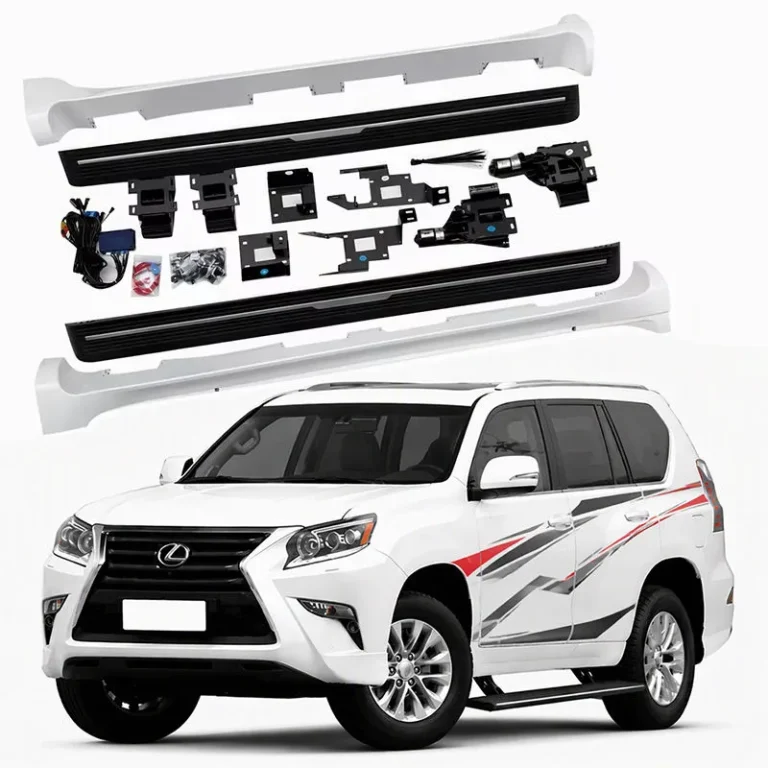 Complete lexus gx460 electric running boards kit with side steps, motors, brackets, and wiring displayed above a white Lexus GX460 SUV with graphics.