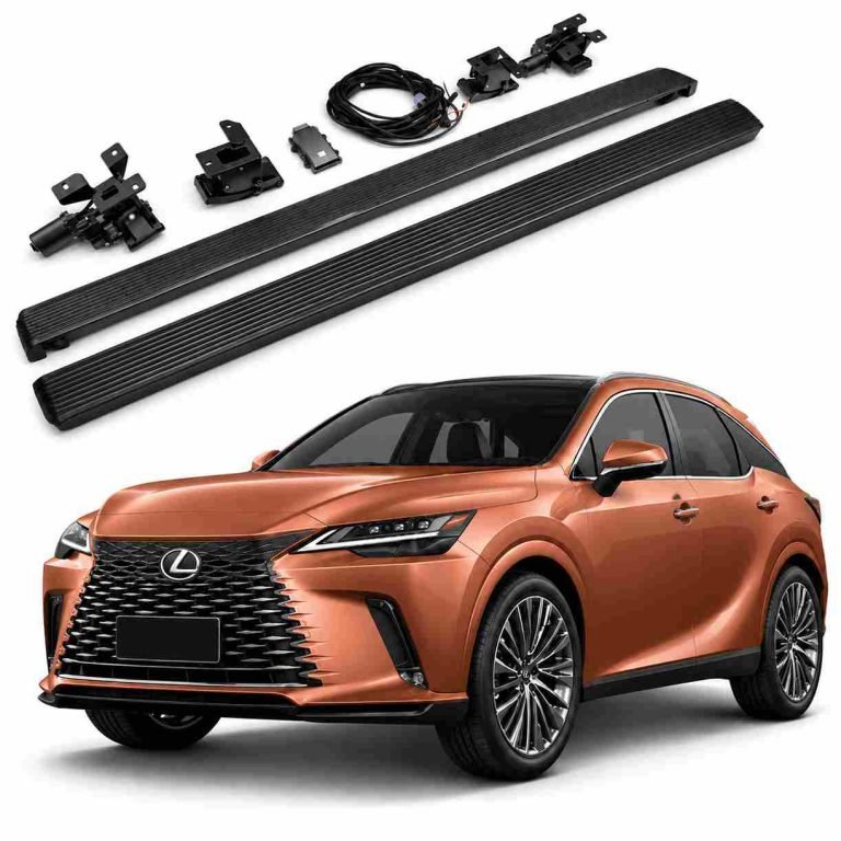 Complete lexus rx350h electric running boards kit with motors, brackets, wiring, and control module shown above a copper Lexus RX SUV.