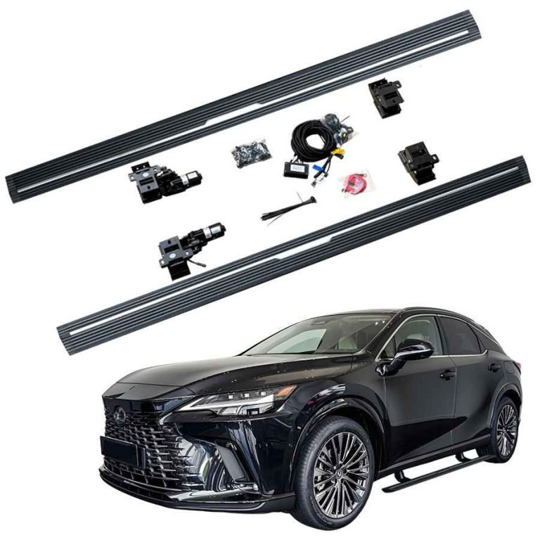 Complete lexus rx450h electric running boards kit with motors, wiring, and brackets shown above a black Lexus RX SUV with the boards installed.